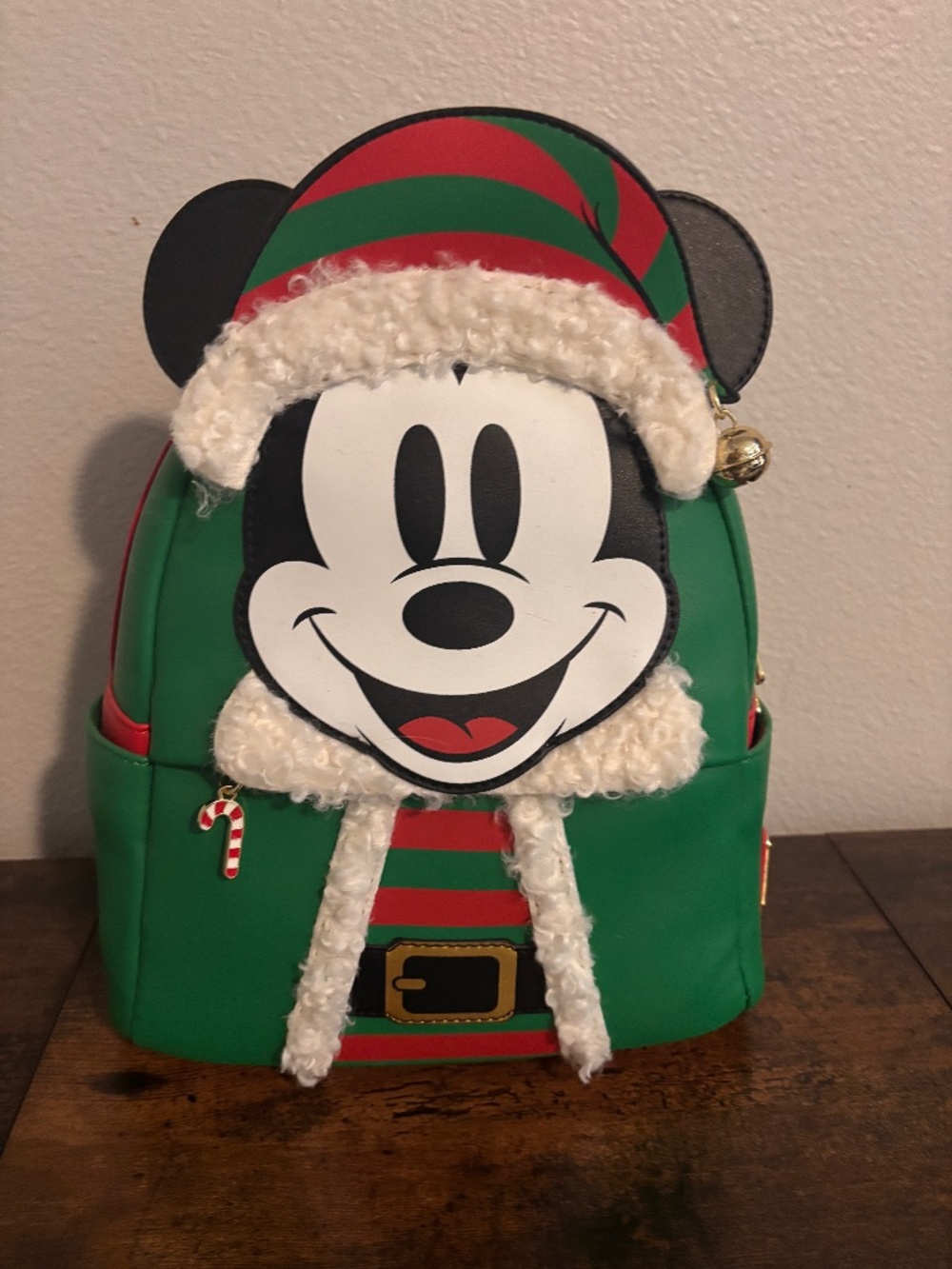 Loungefly Disney Mickey Mouse Elf Holiday Christmas Santa Red Green Backpack
